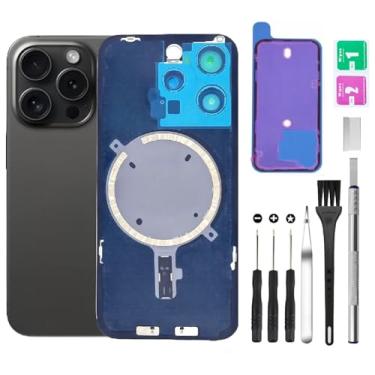Imagem de Substituição de vidro da tampa traseira traseira para iPhone 15 Pro + lente da câmera + ímã + suporte de peça de ferro com kit de ferramentas de reparo (preto)