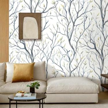 Imagem de ESSMOKO Papel de parede esboço ramos e folhas padrão PVC autoadesivo impermeável papel de parede quarto sala de estar banheiro cozinha adesivo amarelo seco 45 * 500 cm