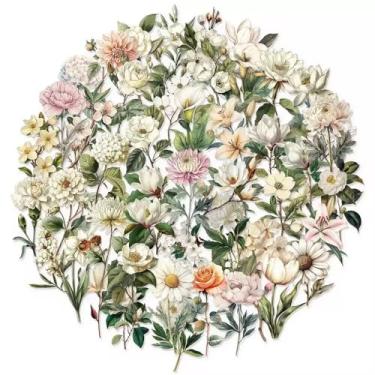 Imagem de Adesivo floral retrô 50 PET à prova d'água adesivos autoadesivos de ramo e flores perfeitos para álbuns, agendas, diários, garrafas de água e laptops