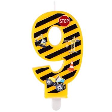 Imagem de Vela de aniversário de construção, velas de feliz aniversário, números de construção, topo de bolo, velas listradas amarelas e pretas para meninos, decoração de festa de aniversário (número 9)