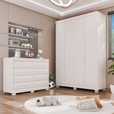 Imagem de Conjunto Quarto Infantil Guarda-Roupa 4 Portas 3 Gavetas e Cômoda 8 Gavetas Alice Espresso Móveis Branco