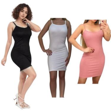 Imagem de KIT C/3 Vestidos Alcinha Canelado - Emporio J, Preto, Branco, Rose, Un