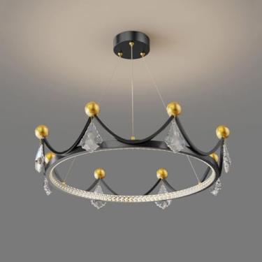 Imagem de Lustre de cristal para quarto de crianças, lustre dourado de coroa de princesa, luz pendente LED regulável, redondo, rosa, luminária de teto infantil para quarto de criança, berçário, sala d