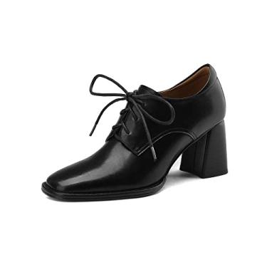 Imagem de TinaCus Sapato feminino feito à mão Genine Leather Front Lace Up Square Toe Mid Block Heel Oxford, Preto, 39