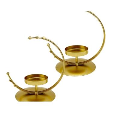 Imagem de Suporte de vela, pilar de ferro, lua, vela moderna, castiçal para mesa de jantar, festa, castiçal decorativo de casamento (9 x 13,5 cm, ouro)