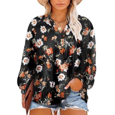 Imagem de Blusa feminina Eytino plus size boho abstrata com decote em V 2X preta