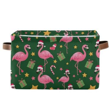 Imagem de Pfrewn Cesta de armazenamento de Natal, inverno, flamingo, estrelas, verde, dobrável, retangular, organizador de prateleira, cesto de armazenamento de livros de brinquedo para berçário, 1 pacote