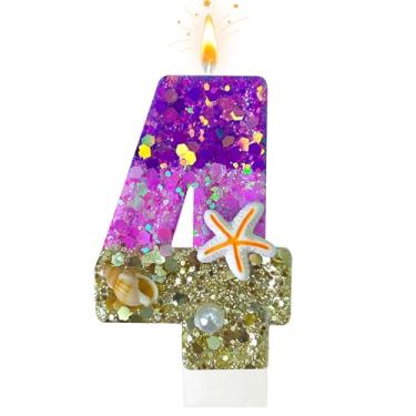 Imagem de Velas de aniversário, praia número 4 decoradas com conchas e pérolas para topo de bolo, adequadas para decorações de bolo de sereia, decoração de aniversário com tema de oceano (4 velas)