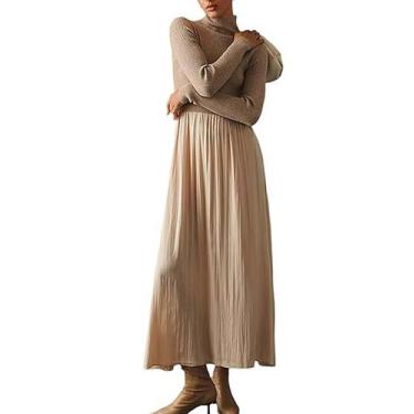 Imagem de Vestido maxi HOCANDY, suéter feminino de gola alta, algodão cáqui