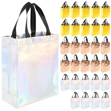 Imagem de 30 peças de sacos de lembrancinha de festa com alças, sacos de presente reutilizáveis não tecidos, suprimentos práticos de festa para aniversários, casamentos, feriados, Natal (cor mista, 30)