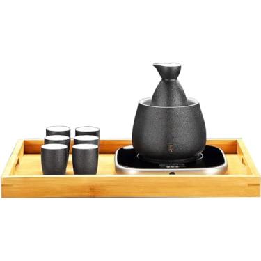 Imagem de JOEUQK Conjunto de saquê com copo mais quente e base de aquecimento, conjunto tradicional de saquê quente de 9 peças, incluindo 1 caneca de aquecimento, 1 pote de saquê, 6 peças de copos de saquê e