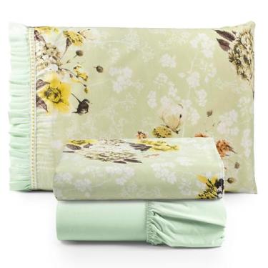 Imagem de Jogo Cama Lençol Fiore Solteiro Estampado 180 Fios 100% Algodão com Babadinho 3 Peças Verde Floral