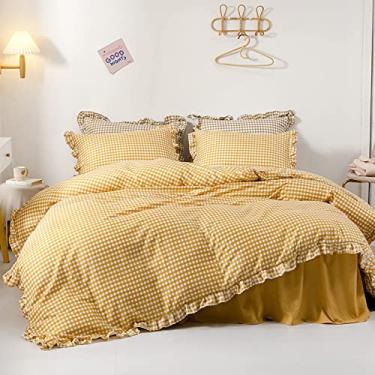 Imagem de Conjunto de capa de edredom de malha com babados, conjunto de cama de princesa ultramacio com fronhas de saia de cama, conjunto de capa de edredom durável respirável - amarelo solteiro 170 x 210 cm