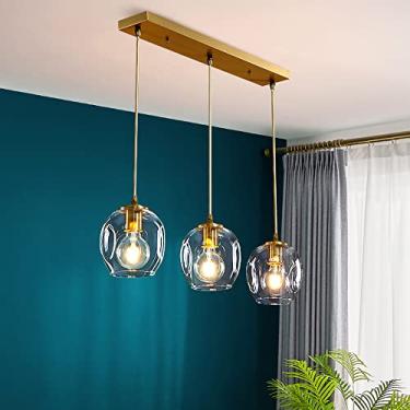 Imagem de YQSLQZZ Lustre de sala de jantar com 3 luzes, luminária pendente de vidro dourado moderno, iluminação decorativa de teto, luz de teto suspensa, altura ajustável, para ilha de cozinha de bar, base E27