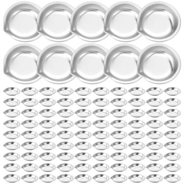 Imagem de 100 peças de paleta de maquiagem de aço inoxidável, pequenas bandejas redondas de pintura, paletas de cores, copos de mistura de tinta com molde, versátil artista aquarelas, tintas, bandeja de paleta