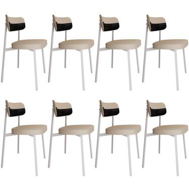 Imagem de Kit 08 Cadeiras Estofada Para Sala de Jantar Astrid Branco C01 Linho Areia Courino Preto - Lyam Decor