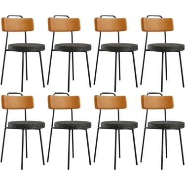 Imagem de Kit 08 Cadeiras Decorativa Estofada Sala Jantar Barcelona L02 Couríssimo Whisky Linho Chumbo - Lyam