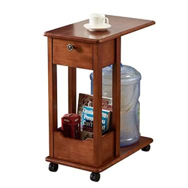 Imagem de Mesa de sala de estar, mesa lateral em forma de C de madeira maciça com rodas, mesa lateral de lanche para sofá com gaveta, suporte para laptop e prateleira de armazenamento