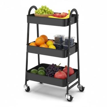 Imagem de Prateleira de Metal Multiuso 3 Andares com Rodinhas – Organizador de Ambientes – Ideal para Cozinha, Banheiro, Escritório e Lavanderia – Preto