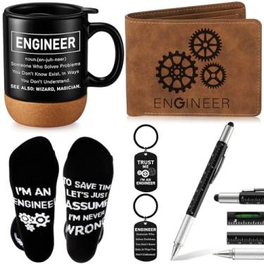 Imagem de SilTriangle Conjunto de 5 peças de presentes de engenheiro para homens, inclui meia e caneca de cerâmica, carteira de couro 6 em 1, caneta multiferramentas, chaveiro, presente para pai, filha, marido