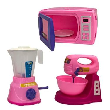 Imagem de Kit Mini Confeitaria Infantil 3 em 1, Liquidificador, Batedeira e Micro-ondas, Rosa, Polipropileno, Altura 18cm, para Crianças Acima de 3 Anos, com Acessórios Removíveis