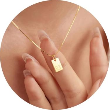 Imagem de Colar com inicial para mulheres, pingente retangular banhado a ouro 18K, joia mínima de A a Z, colar personalizado, 18+2in, Aço inoxidável, Sem Pedra Preciosa