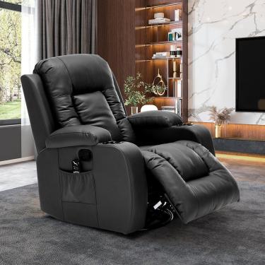 Imagem de Poltrona Do Papai Sala De Estar Giratória Reclinável Manual Austin Aquecimento Massagem Pu Preta G94 - Gran Belo
