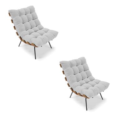 Imagem de Kit 02 Poltronas Costela Linho Cinza A05 Base Metálica Preto - D'Rossi