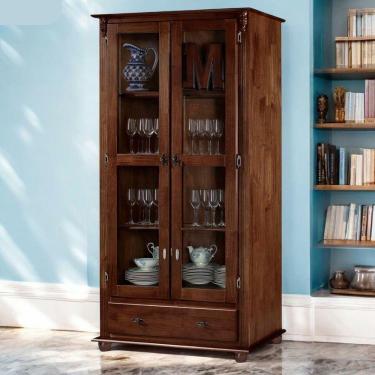 Imagem de Cristaleira Rústica De Madeira Com 2 Portas, 3 Prateleiras, 1 Gaveta E Pés Torneados - Castanho Envelhecido