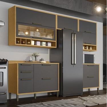 Imagem de Cozinha Modulada Completa 5 Peças 8 Portas E Vidro Reflecta 280cm 100% Mdf Vicenza Espresso Móveis Amêndoa-chumbo