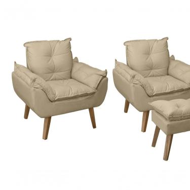 Imagem de Kit 02 Poltrona Decorativa Confortável Com Puff Glamour Opala Com Pés Quadrado Bege Linho