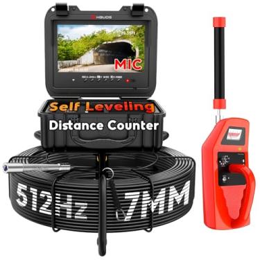 Imagem de HBUDS Câmera de esgoto com localizador de 30 metros, câmera de drenagem autonivelante com contador de distância em tempo real, câmera de encanamento de cabo de 7 mm cobra com luz, câmera de inspeção