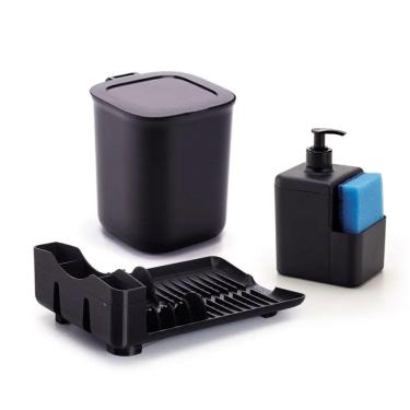 Imagem de Kit Pia Escorredor 4 Pratos Dispenser Lixeira 2,5L Cor Preto