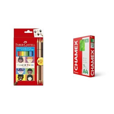 Imagem de ECOLAPIS 12+3 CARAS & CORES, Faber-Castell, 120112CC, Tons de pele + Chamex - Papel Sulfite, A4, 75g, 500 folhas