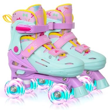 Imagem de Nattork Patins infantis para meninas, laço e coroa quadriciclos para crianças grandes 7 8 9 10 anos, tamanho ajustável com rodas iluminadas - presente de aniversário para esportes internos e externos