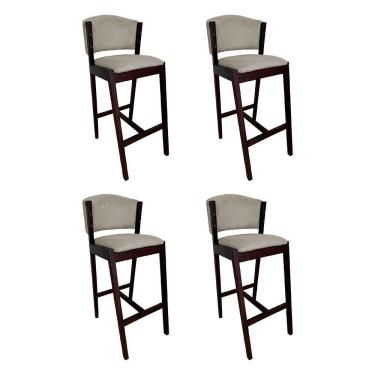 Imagem de Kit 4 Banquetas Alta De Madeira Maciça Castanho Premium Ana Com Encosto Linho Bege - Cor: Bege