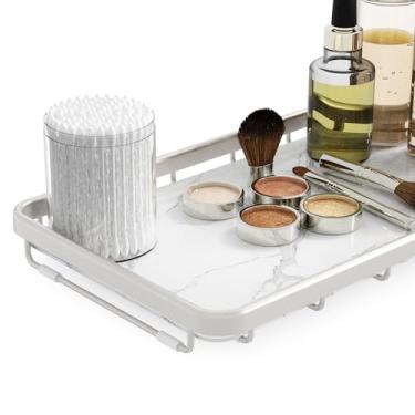 Imagem de Organizador elegante para banheiro, cozinha ou cafeteria, prateleira de metal de 2 camadas com mármore sintético, armazenamento de maquiagem de bancada, prateleira de exibição de perfume de cômoda