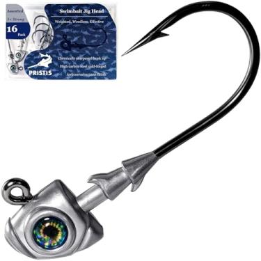 Imagem de Pristis Pacote com 16 iscas de cabeça de natação, isca de chumbo olho de peixe sem ervas daninhas para equipamentos de fitness Texas Ned, 3 x kit de anzóis de pesca afiada de aço inoxidável forte em