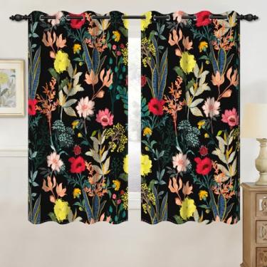 Imagem de GICDSU Cortinas blackout florais vintage pretas de 153 cm de comprimento, cortinas com estampa de casa de fazenda de outono para sala de estar quarto com cortinas de ilhós, conjunto de 2 painéis L 106