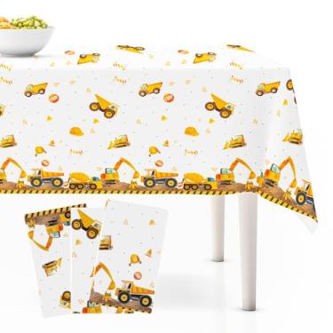 Imagem de Lknnxs Pacote com 3 toalhas de mesa de festa de construção para crianças, 137 x 274 cm, capas de mesa de plástico com design de caminhão escavador, decorações de aniversário para meninos, material de