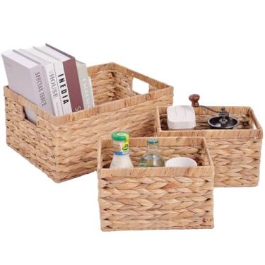 Imagem de Conjunto de 3 cestas de armazenamento de jacinto de água em tecido de vime organizando com alças embutidas, pacote com 3 acessórios de banheiro de vime, armazenamento de despensa