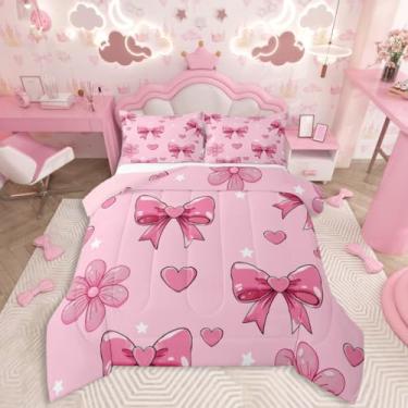 Imagem de jejeloiu Conjunto de edredom infantil com laço rosa, tamanho queen, borboleta, laço, edredom para quarto de crianças, meninos, meninas, rosa, microfibra ultramacia e respirável