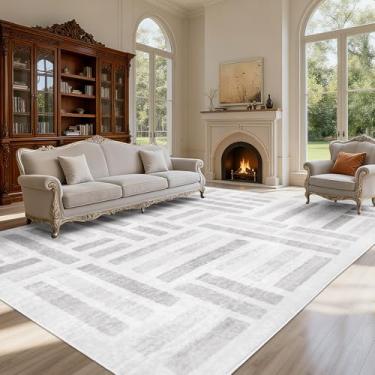 Imagem de EcoNest Tapetes laváveis, tapete macio de 2,4 x 3 m para sala de estar e quarto vintage listrado resistente a manchas com suporte antiderrapante geométrico quadriculado tapete de impressão dobrável