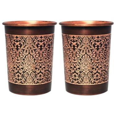 Imagem de ANCIENT IMPEX Conjunto de 2 copos de cobre puro | 250 ml (8,45 US Fl Oz) Cada | Copos de cobre ayurvédico para saúde, digestão e imunidade – Design reto com padrão floral