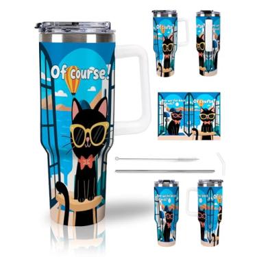 Imagem de Uruzuo Copo com alça 1,134 g, copo com tampa e canudo, caneca de viagem de aço inoxidável isolado, copo sem vazamento, adequado para porta-copos, mantém frio e quente por 24 horas, gato