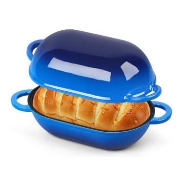Imagem de Homikit Forno holandês de ferro fundido esmaltado para assar pão, panela oval de 2,8 litros com tampa, forma de forno holandês de ferro fermentado para assar, azul e resistente