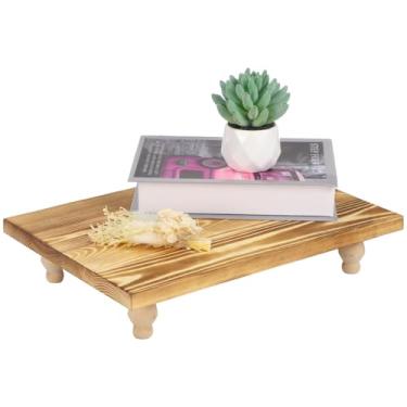 Imagem de Suporte retangular de madeira, suporte de canto de madeira natural com listras decorativas, ideal para plantas, sabonetes e pequenos itens de decoração