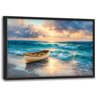 Imagem de Arte de parede grande para sala de estar praia barco lona decoração de parede fotos litorâneas à beira-mar pinturas do mar impressões do oceano grandes decorações emolduradas para escritório quarto