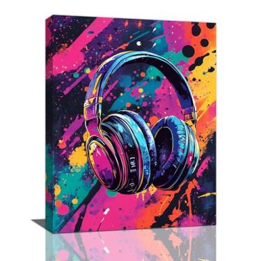 Imagem de Arte de parede Music Banksy, decoração de parede em tela, fones de ouvido para amantes da música, pintura emoldurada de imagens de fones de ouvido grafite, arte para banheiro, sala de estar, quarto