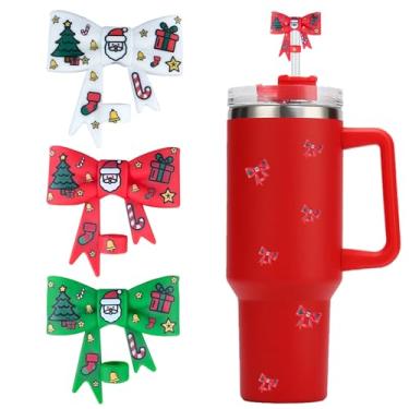 Imagem de HIUSITY Cobertura de canudo de laço de Natal para copo Stanley, topo de canudo de silicone para copo com alça de 1,134 g, tampa fofa de canudos de 10 mm/0,4 pol, tampa de canudos reutilizáveis para